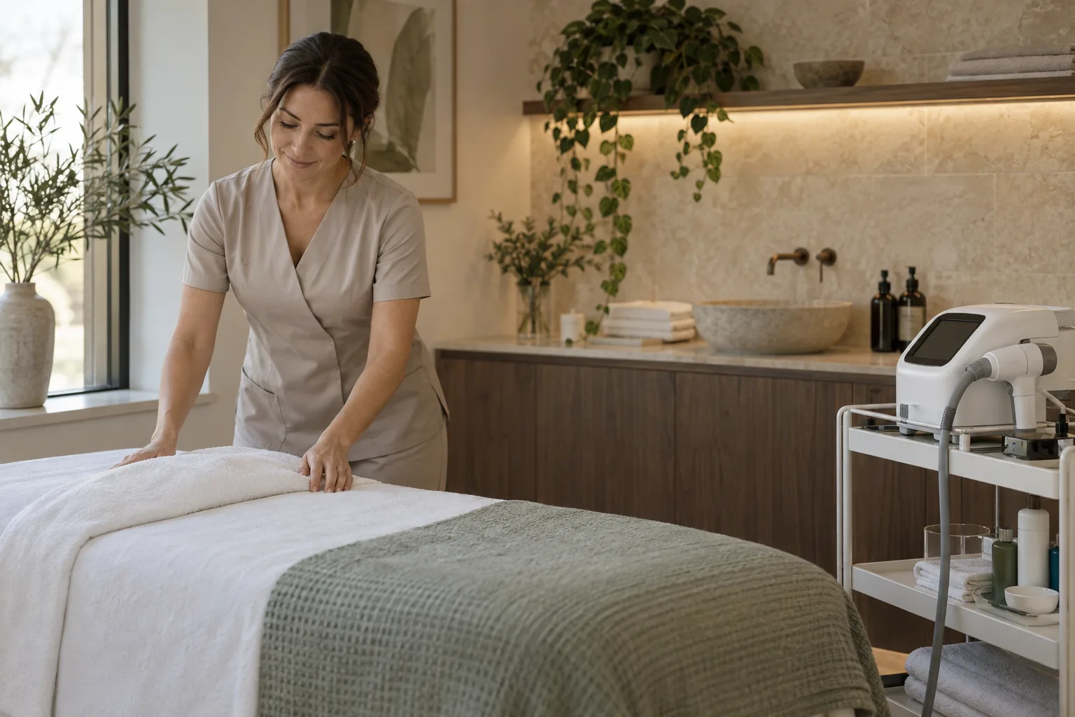 Fictional practitioner Dr. Mia Laurent preparing a treatment room