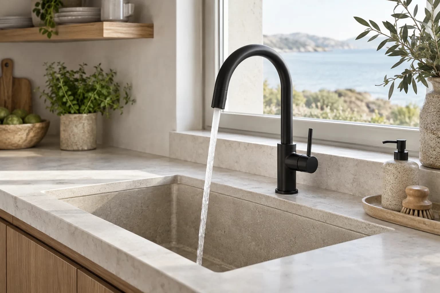 New matte-black tap installed in a coastal home kitchen