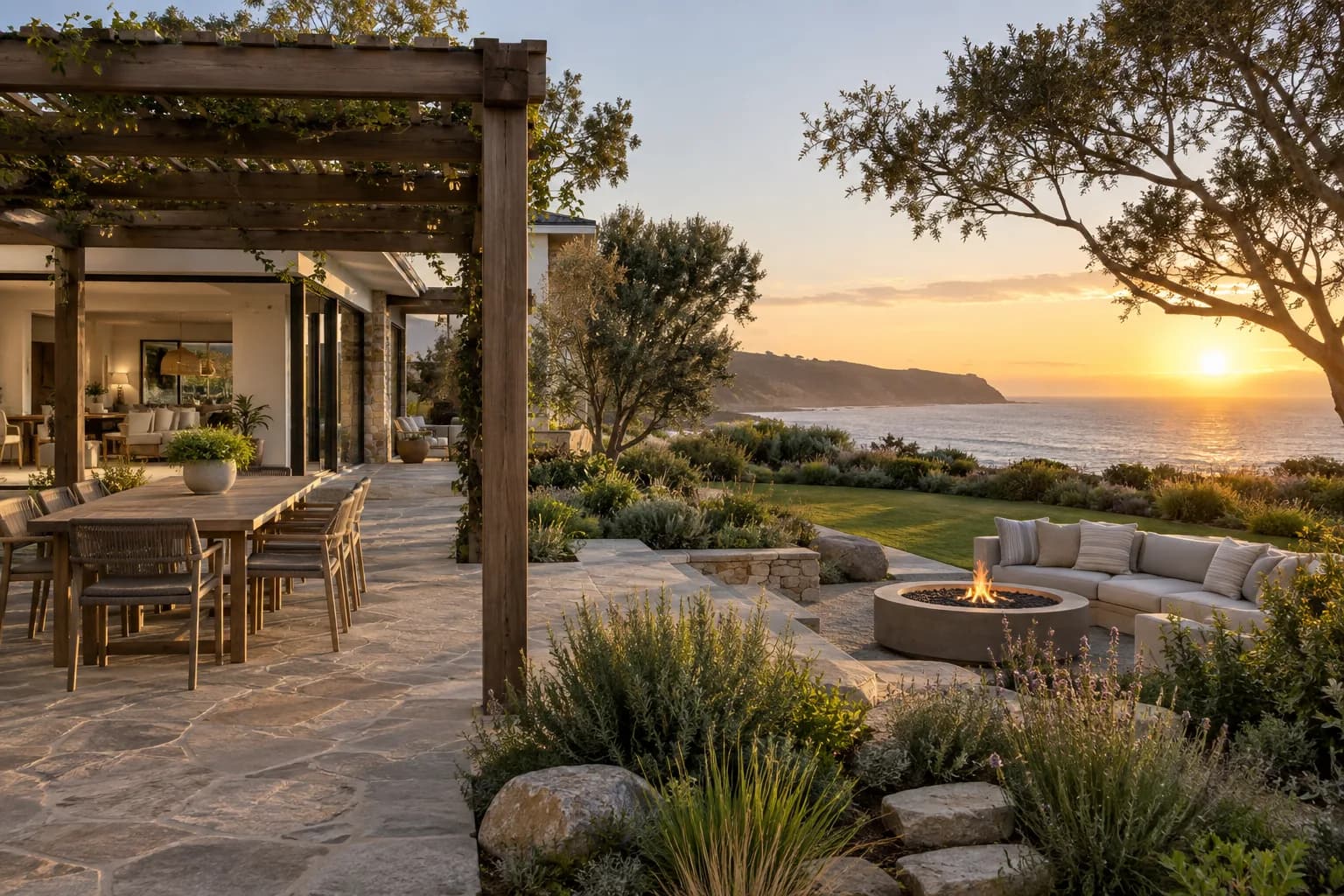 Finished coastal garden with a pergola and firepit