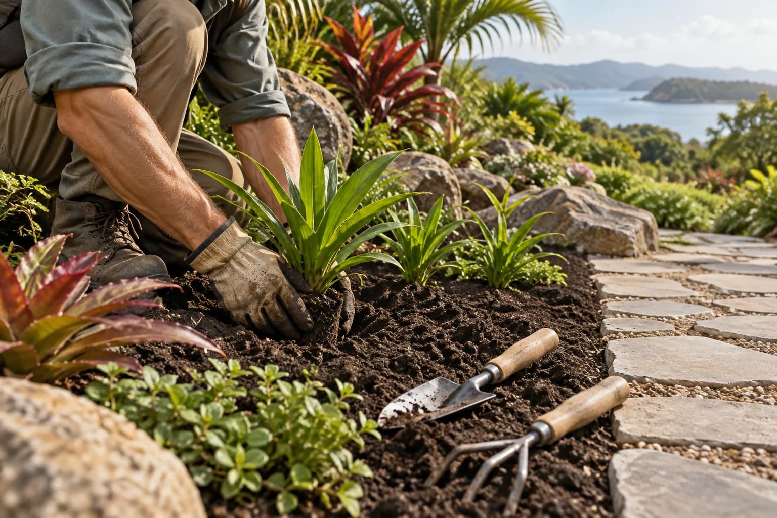 Professional planting beside a natural stone path