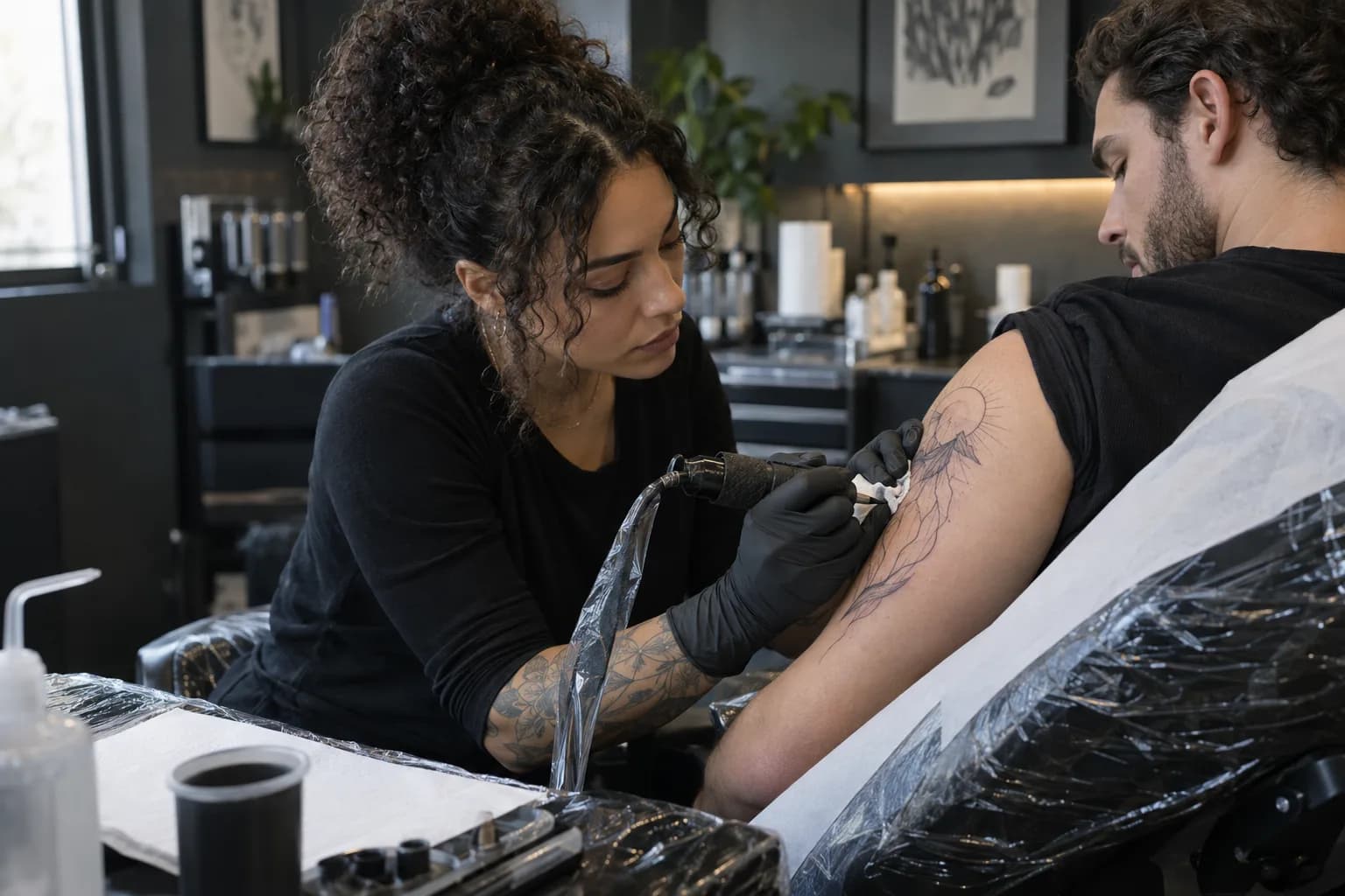 Black Tide artist tattooing a client's upper arm