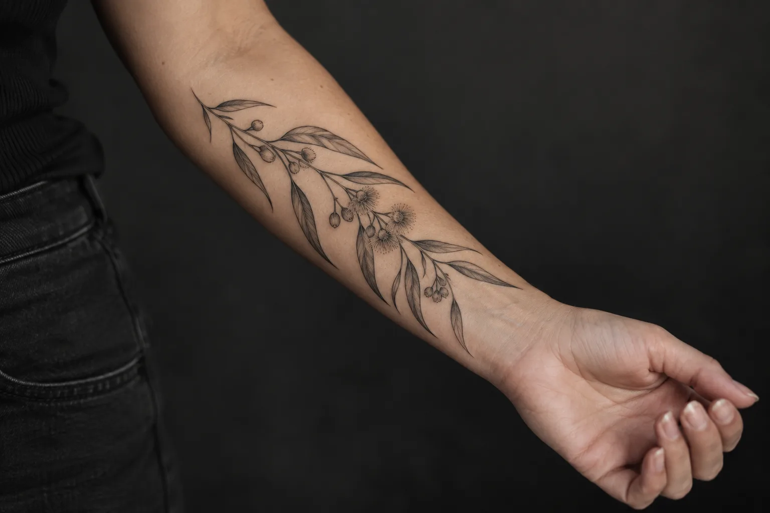 Fine line botanical forearm tattoo
