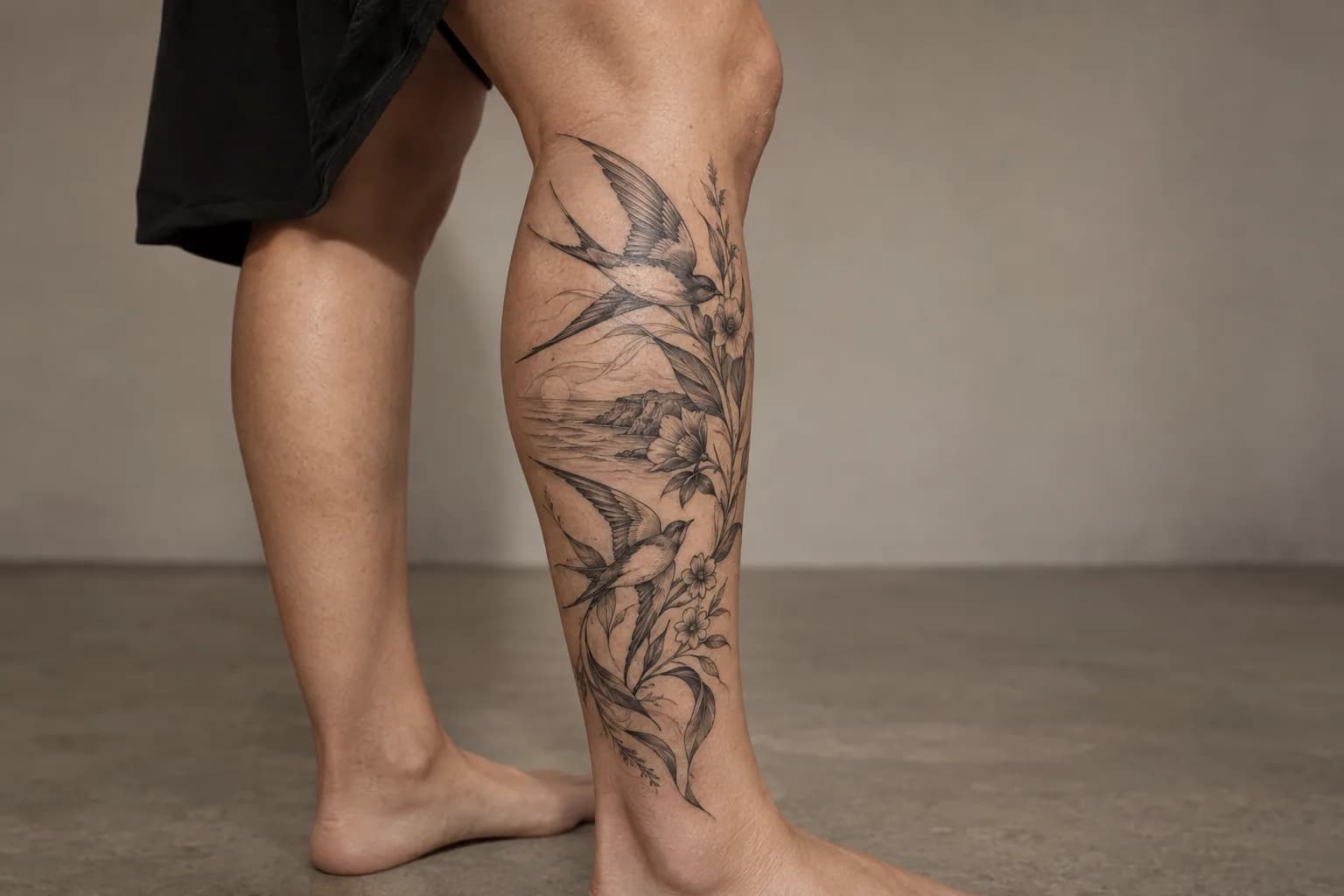 Illustrative coastal calf tattoo