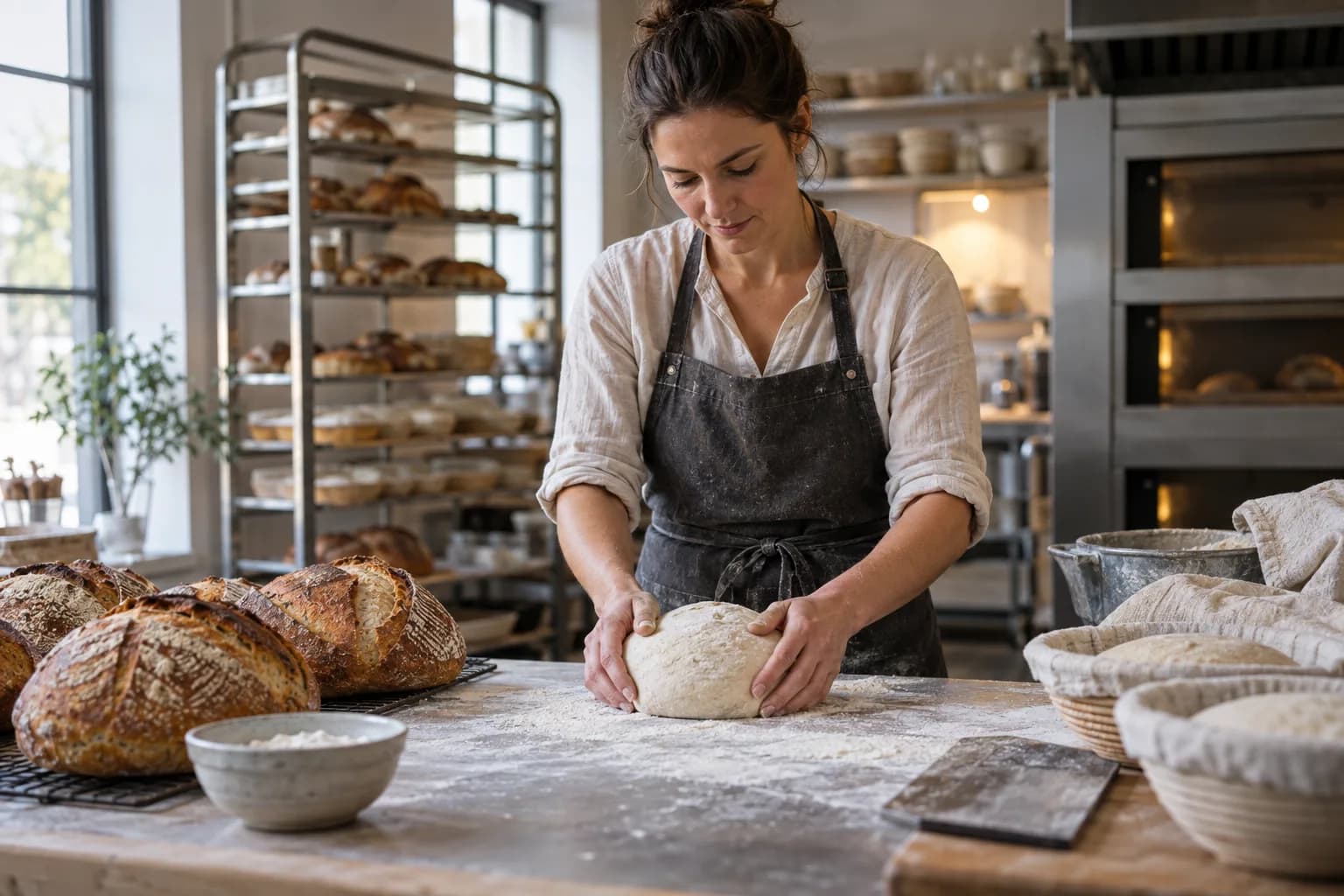 Drift Bakehouse baker shaping sourdough by hand
