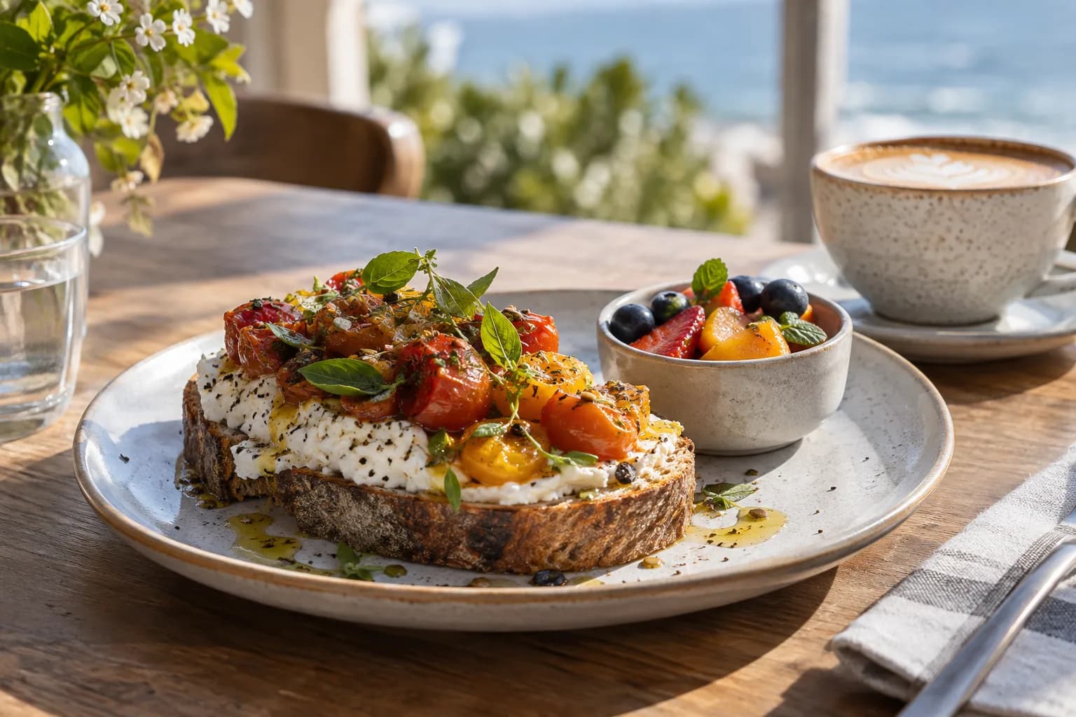Sourdough breakfast with ricotta, tomatoes and herbs
