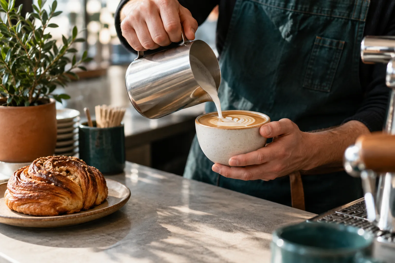 Barista pouring a flat white beside a fresh pastry