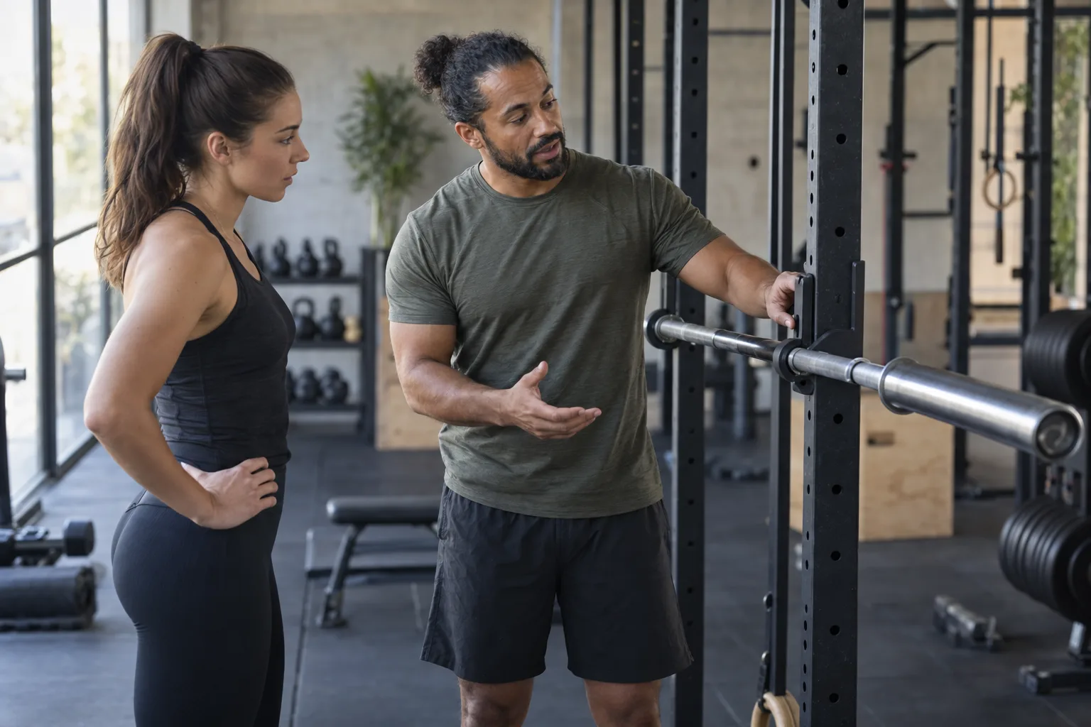 Forge coach explaining a barbell setup