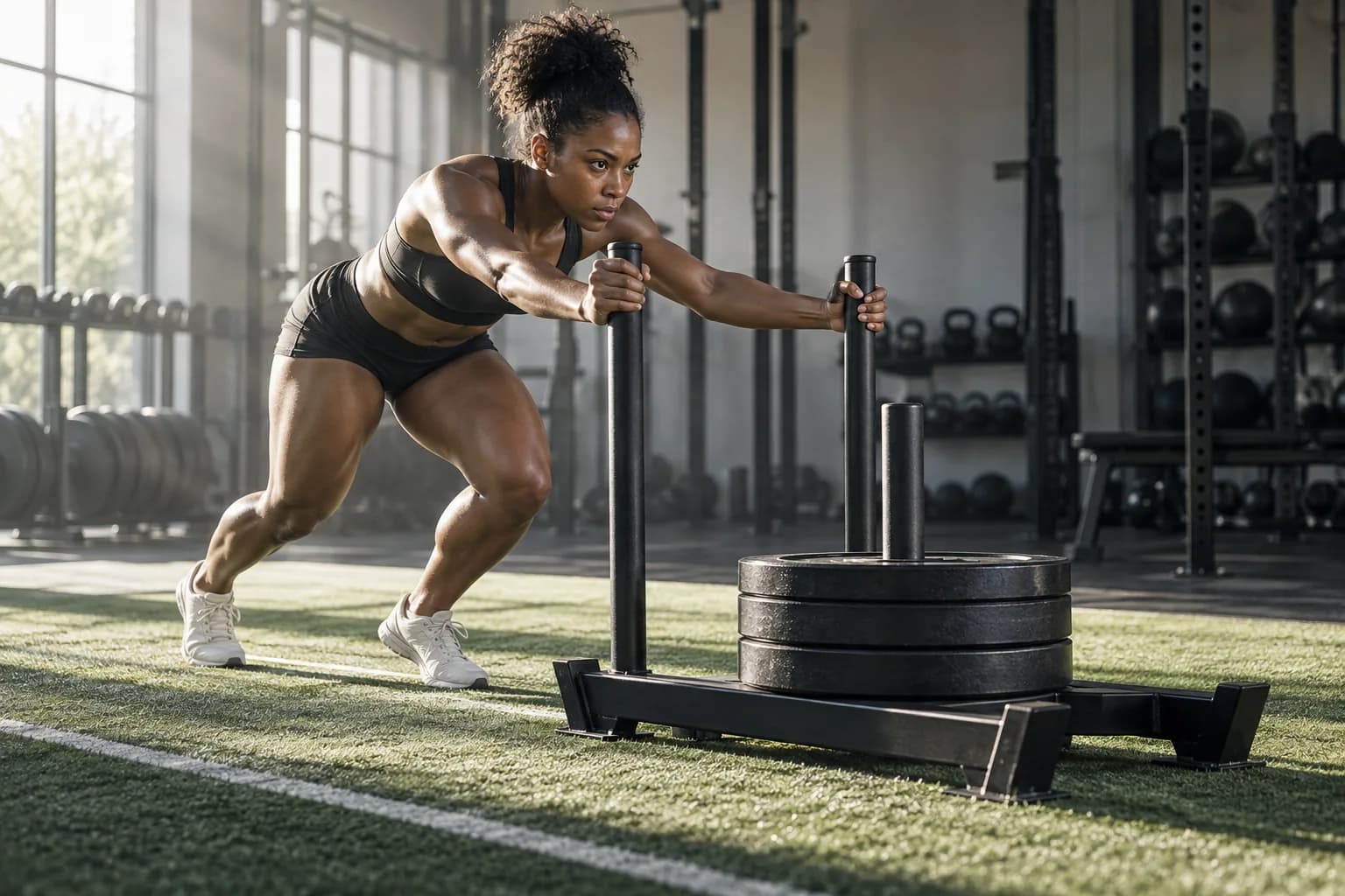 Athlete pushing a weighted sled at Forge