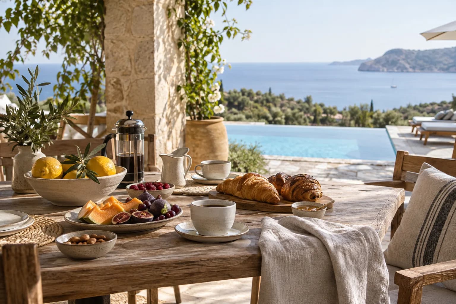 Breakfast laid out beside the Salt House pool
