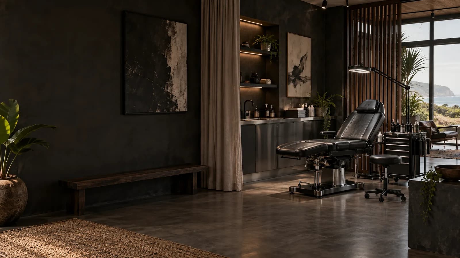 Contemporary tattoo studio interior used in the Black Tide Tattoo concept